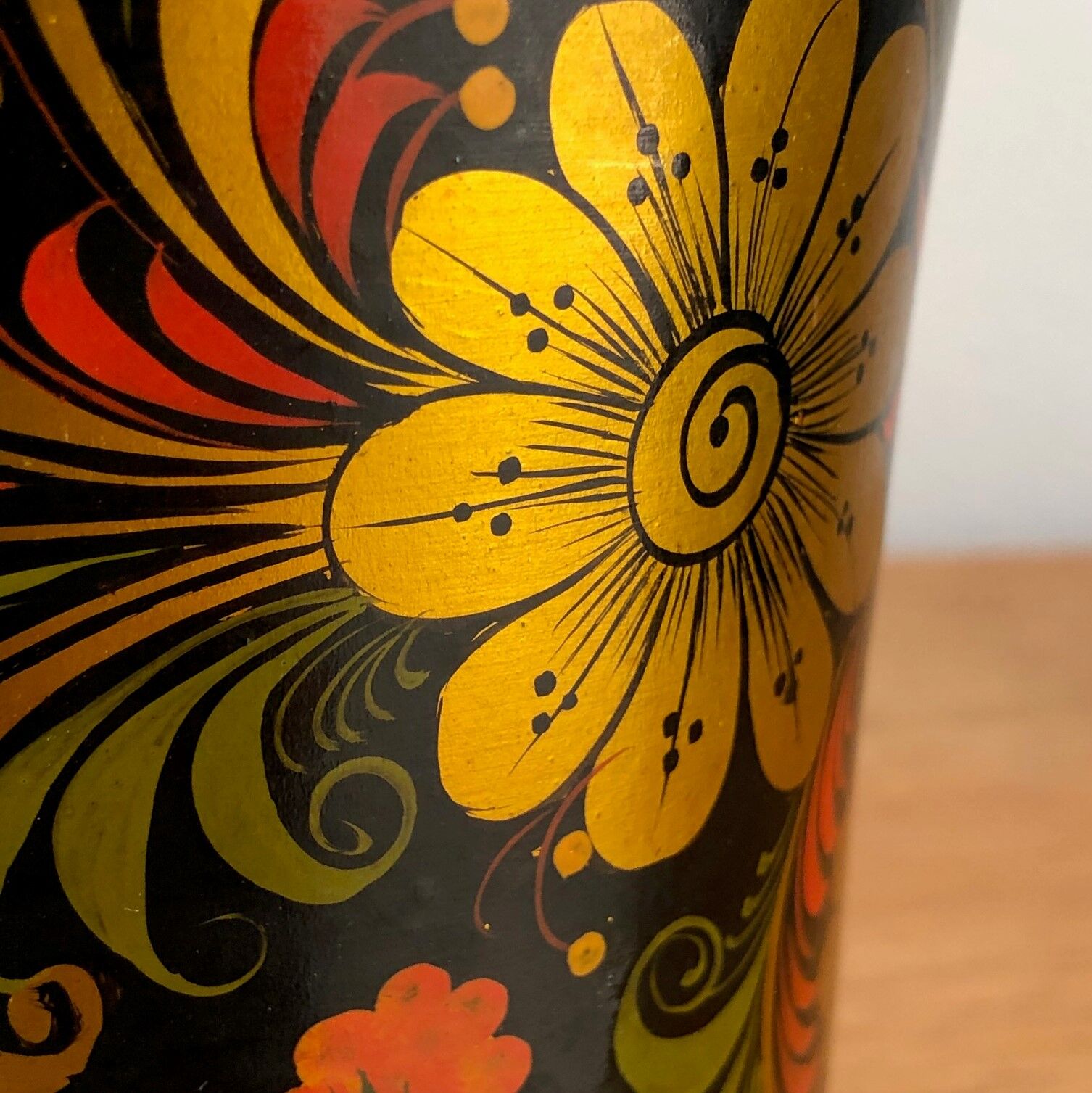 Khokhloma painted Russian wooden vase