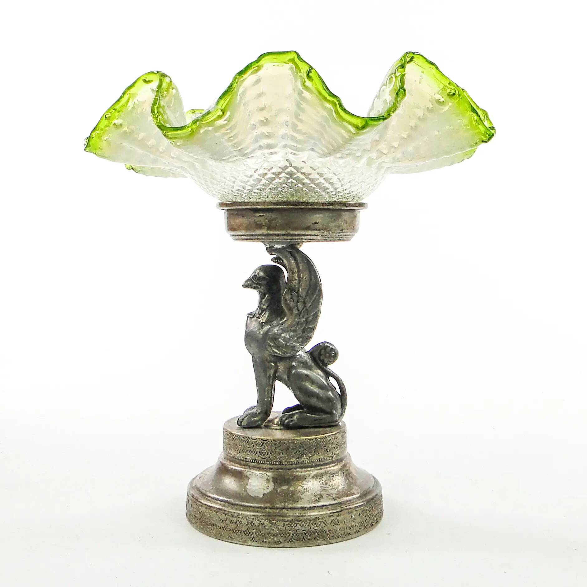 Neoclassical figural centerpiece with griffin, silver-plated pewter, silver-plated brass, Plewkiewicz manufactory, Poland, early 20th century