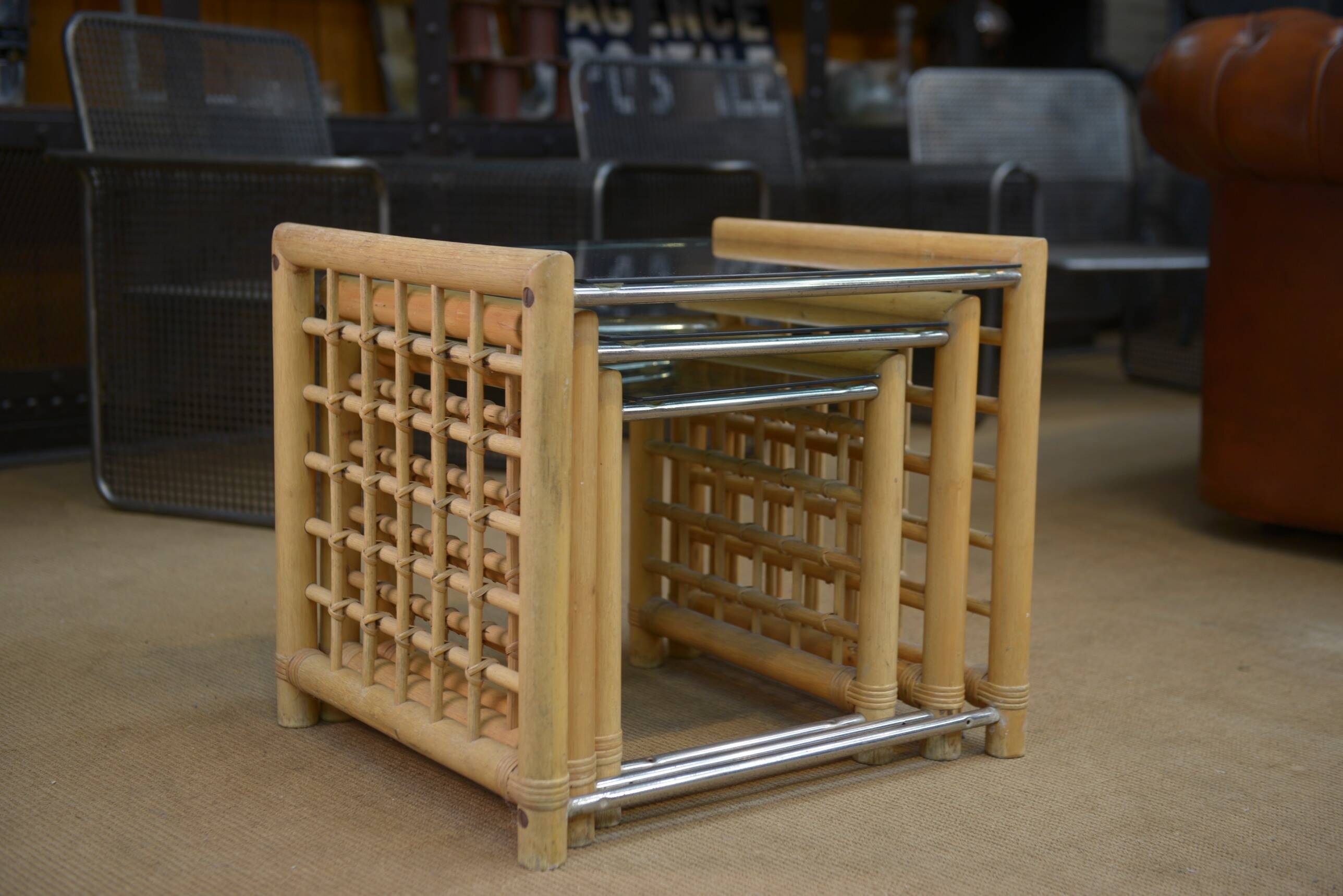 Set of 3 bamboo nesting tables 1960