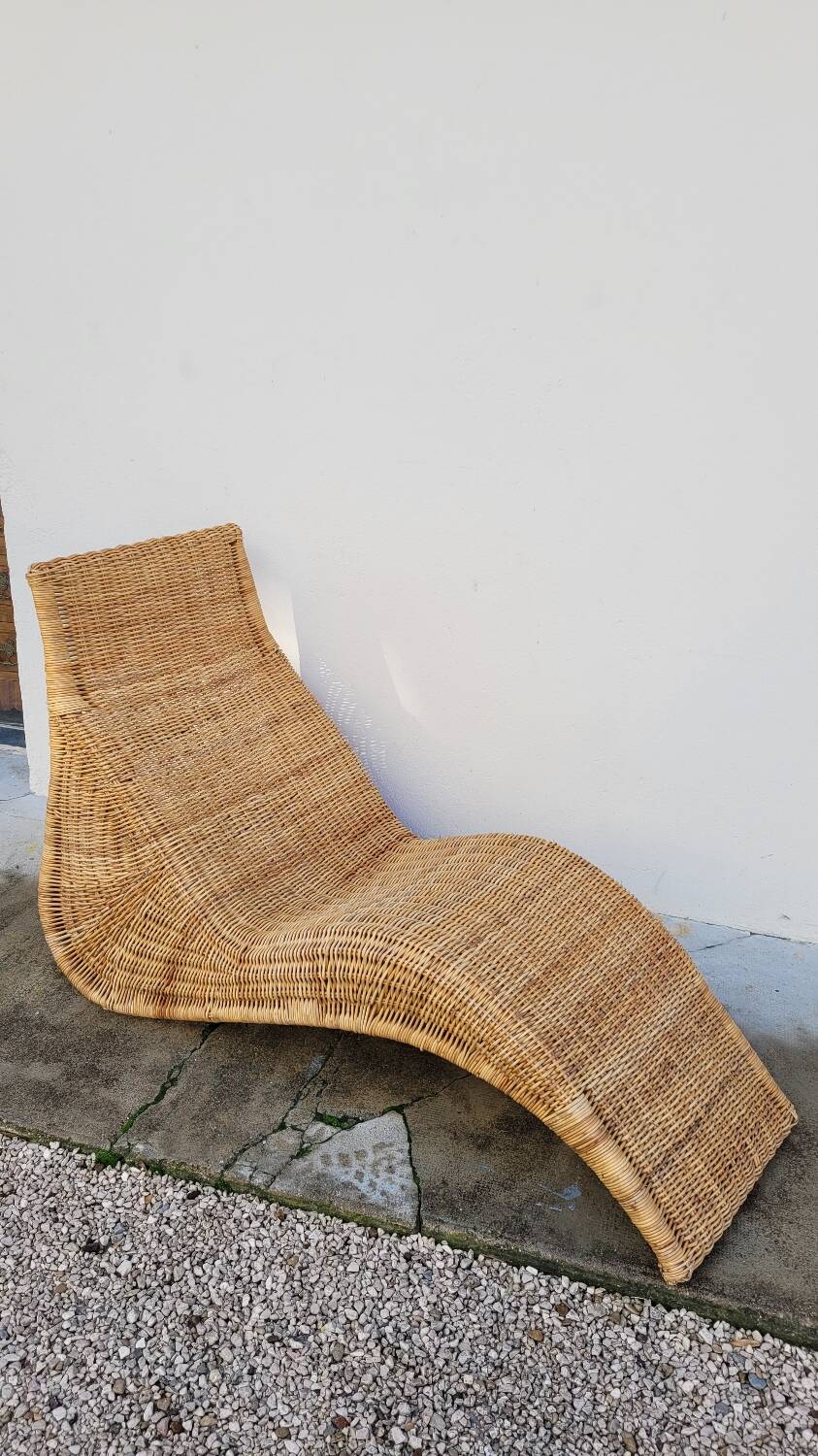 Vintage rattan chaise longue deck chair - 1970s