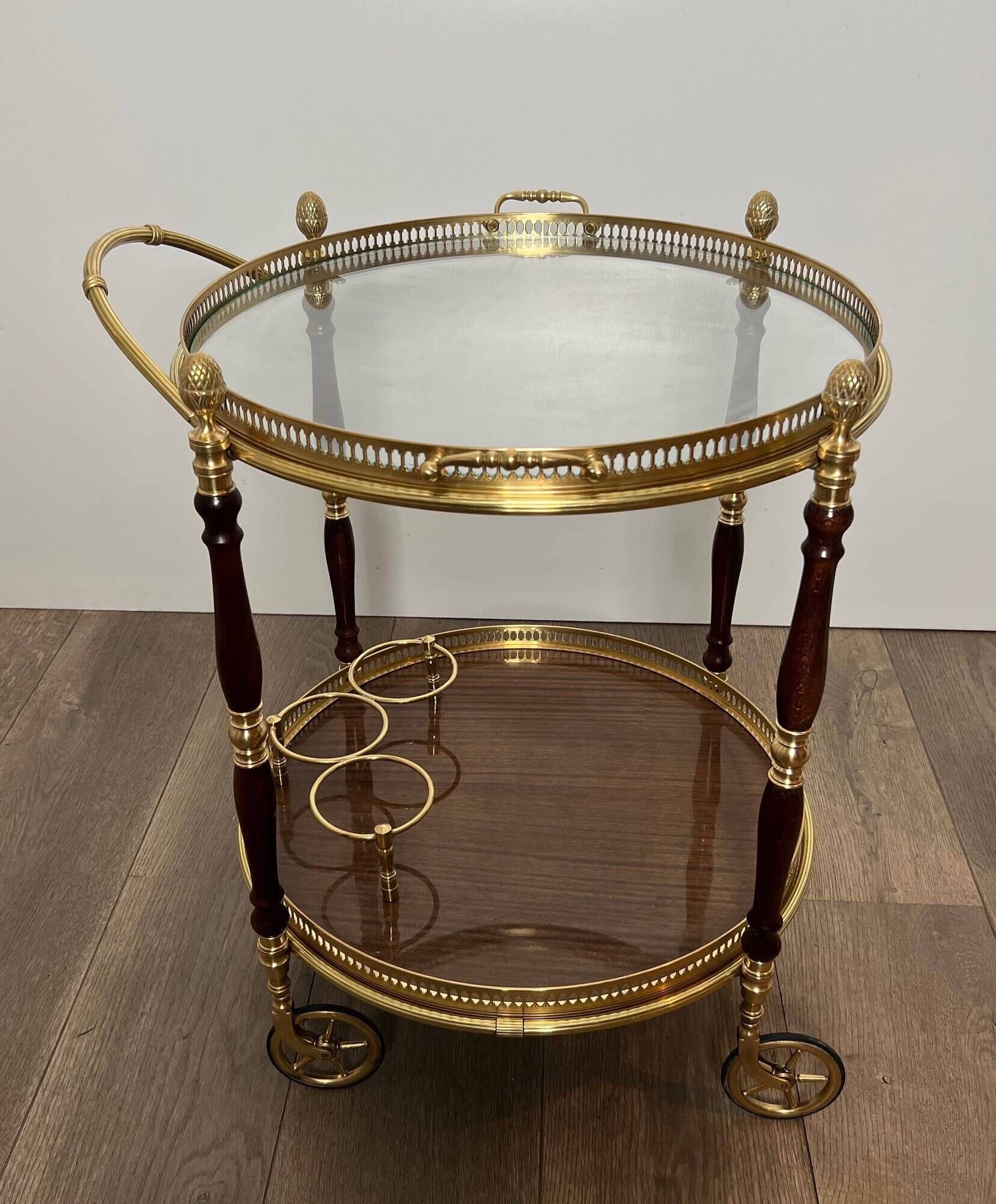 Oval Rolling Table in Brass and Mahogany with Openwork Gallery and Bottle Holder