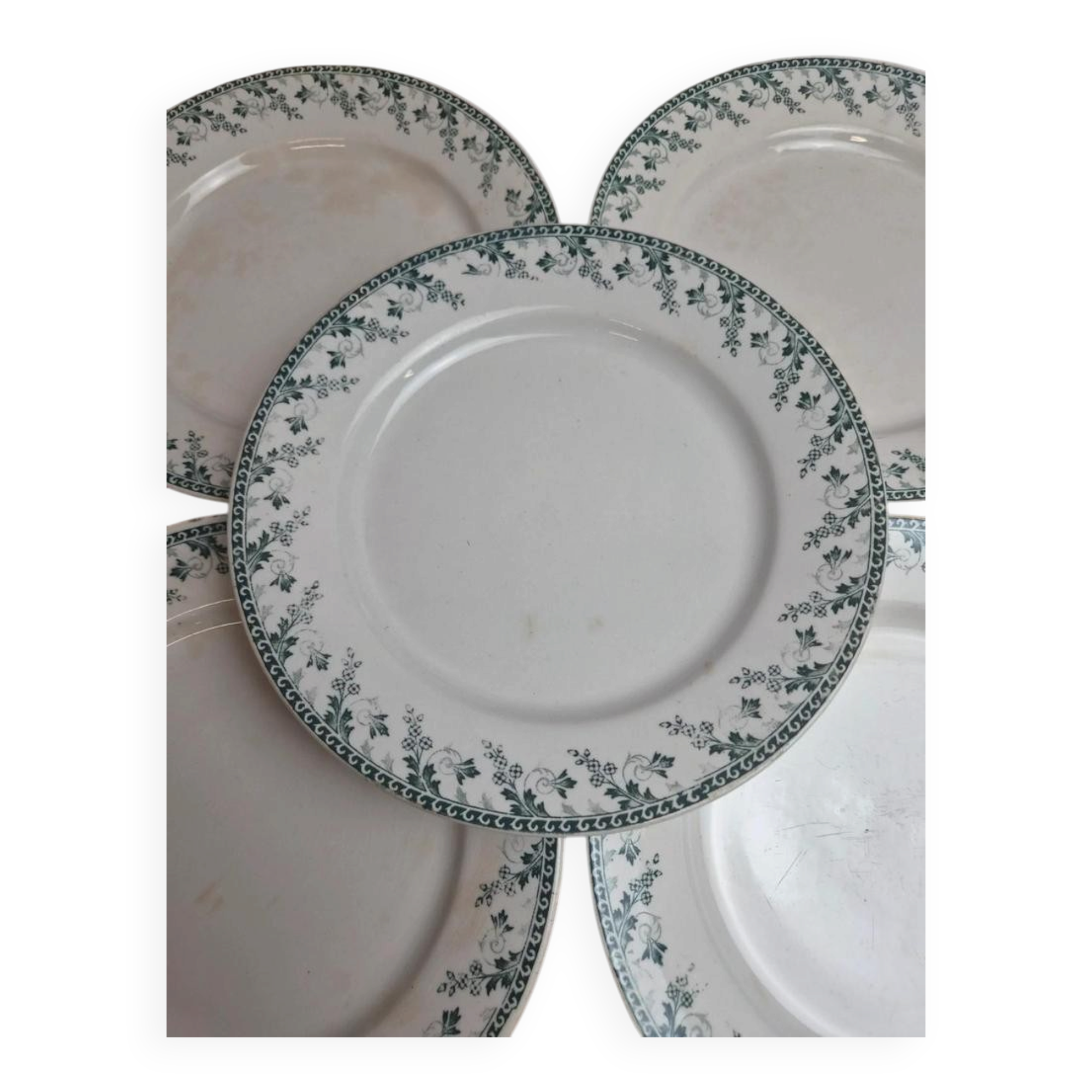 Set of 6 flat plates, Gien Montigny ironstone – old green decoration.