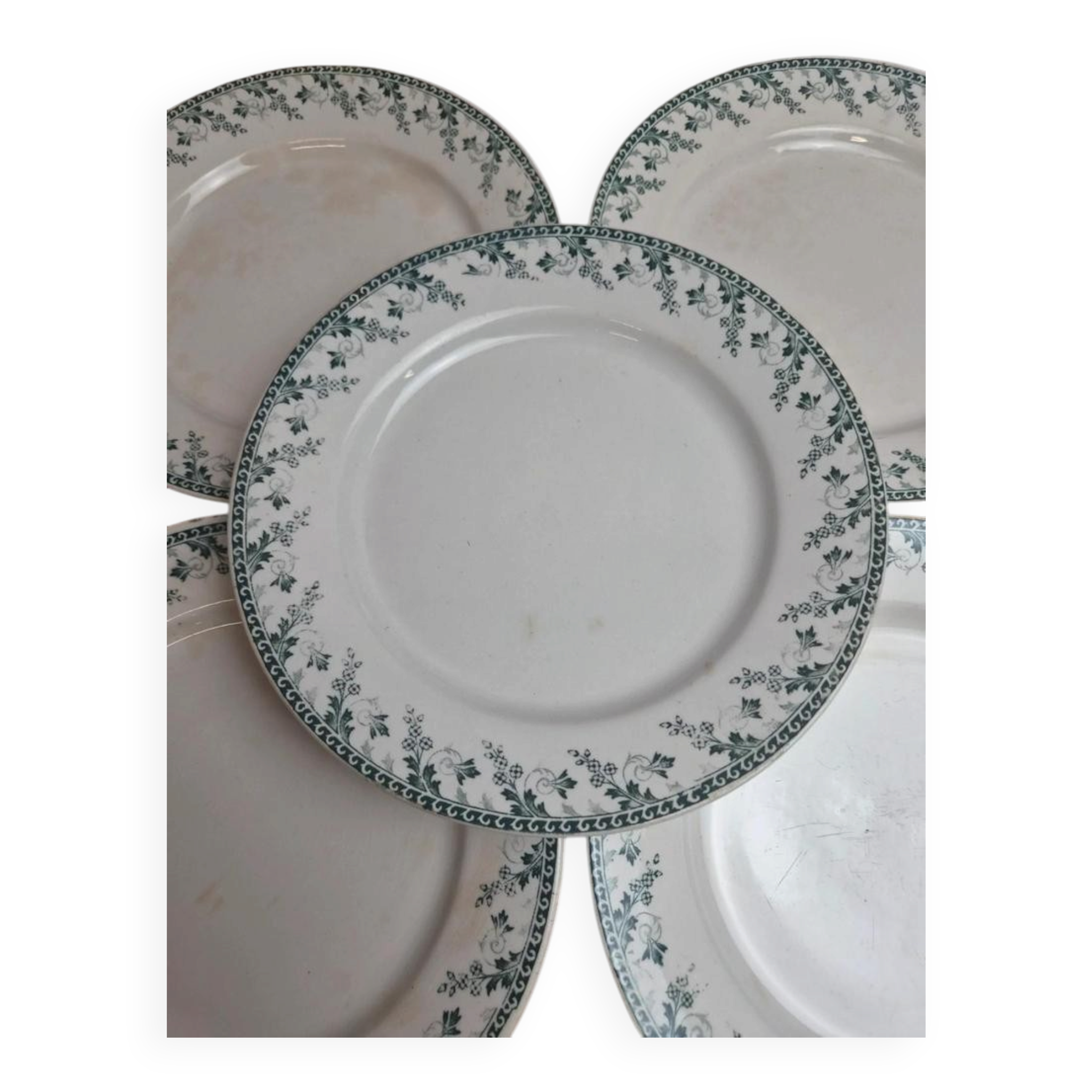 Set of 6 flat plates, Gien Montigny ironstone – old green decoration.