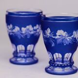 Pair of cut cobalt blue Bohemian crystal glasses on stems — Circa 1900