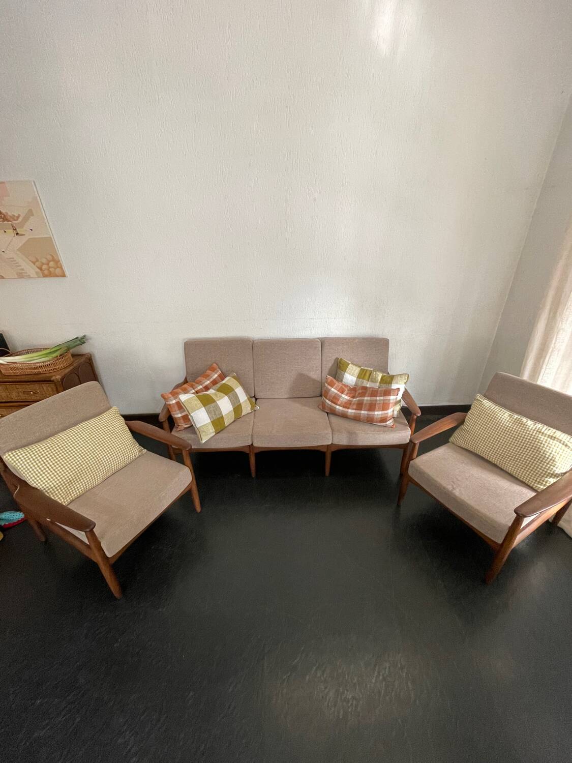Vintage Scandinavian teak lounge — 3-seater sofa and two armchairs.