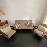 Vintage Scandinavian teak lounge — 3-seater sofa and two armchairs.