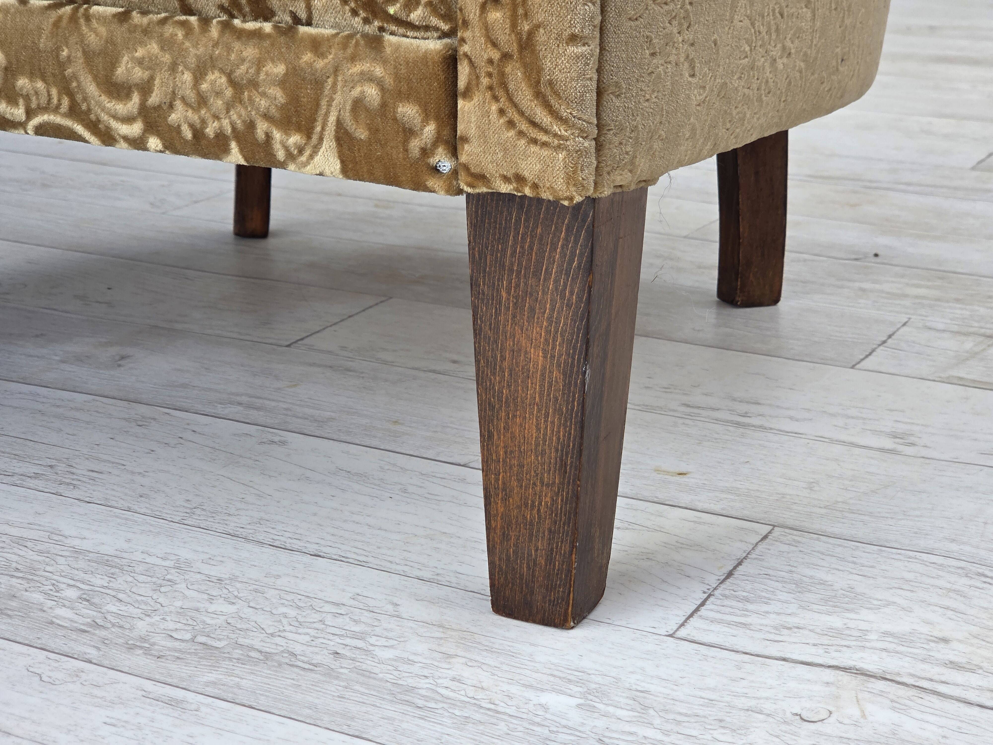 1960s, Danish vintage armchair, green furniture velour, ash wood legs.