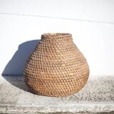 Old basket, burgundy straw and bramble, woven basket, interior decoration