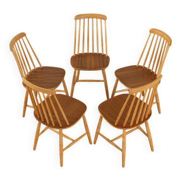 Spindle chairs in the style of Ilmari Tapiovaara, 1960s, set of 5