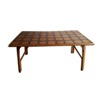 Table de cuisine rotin et osier plateau carrelage vintage circa 1960