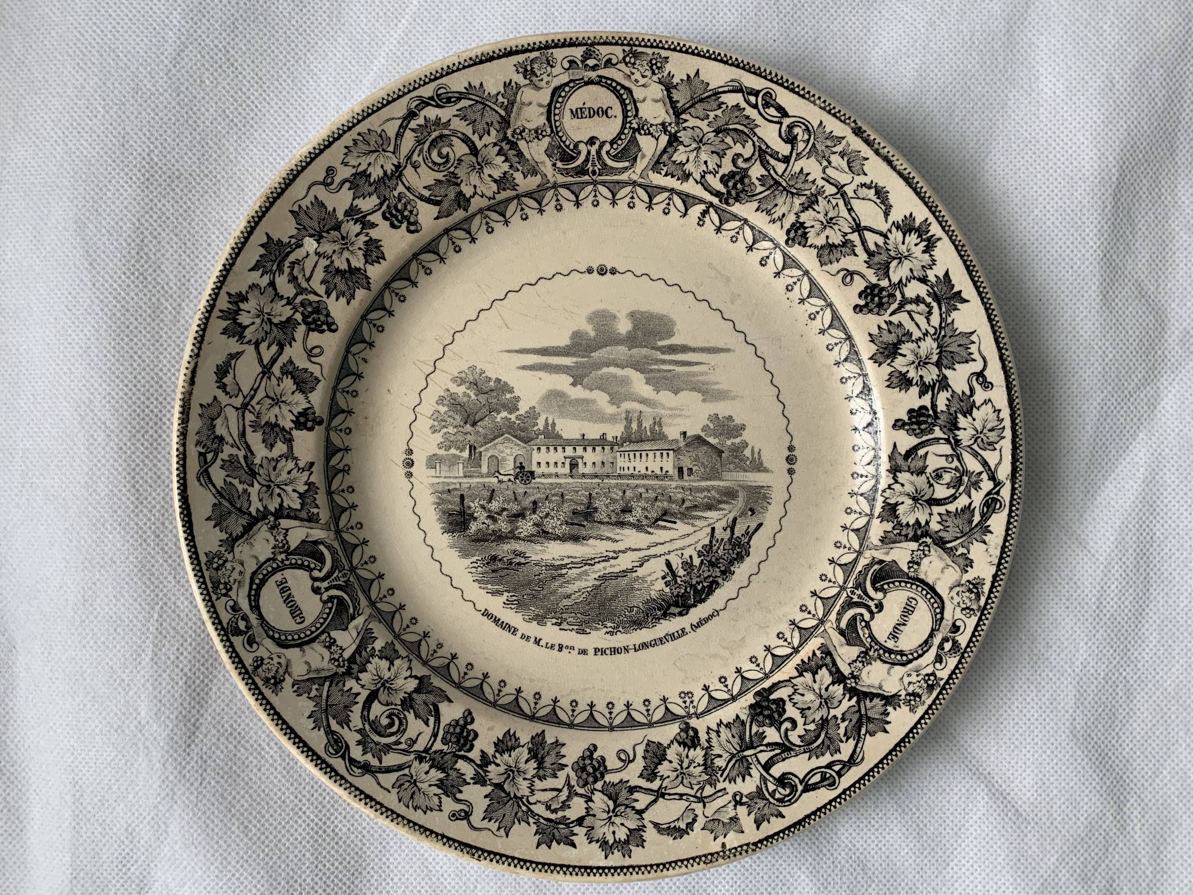 6 old dessert plates Old and Johnston Bordeaux 19th century Médoc and its castles