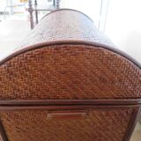 Vintage storage chest - curved - woven rattan - 1970s - mahogany colour