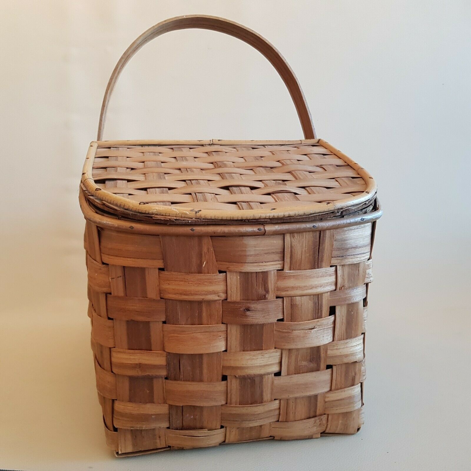 Old picnic basket wicker bamboo braided double opening