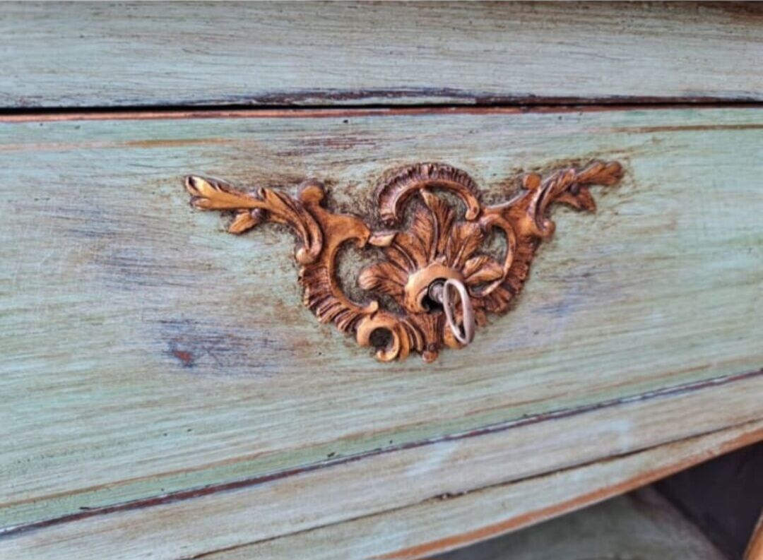 Blue patinated wood glass-fronted sideboard