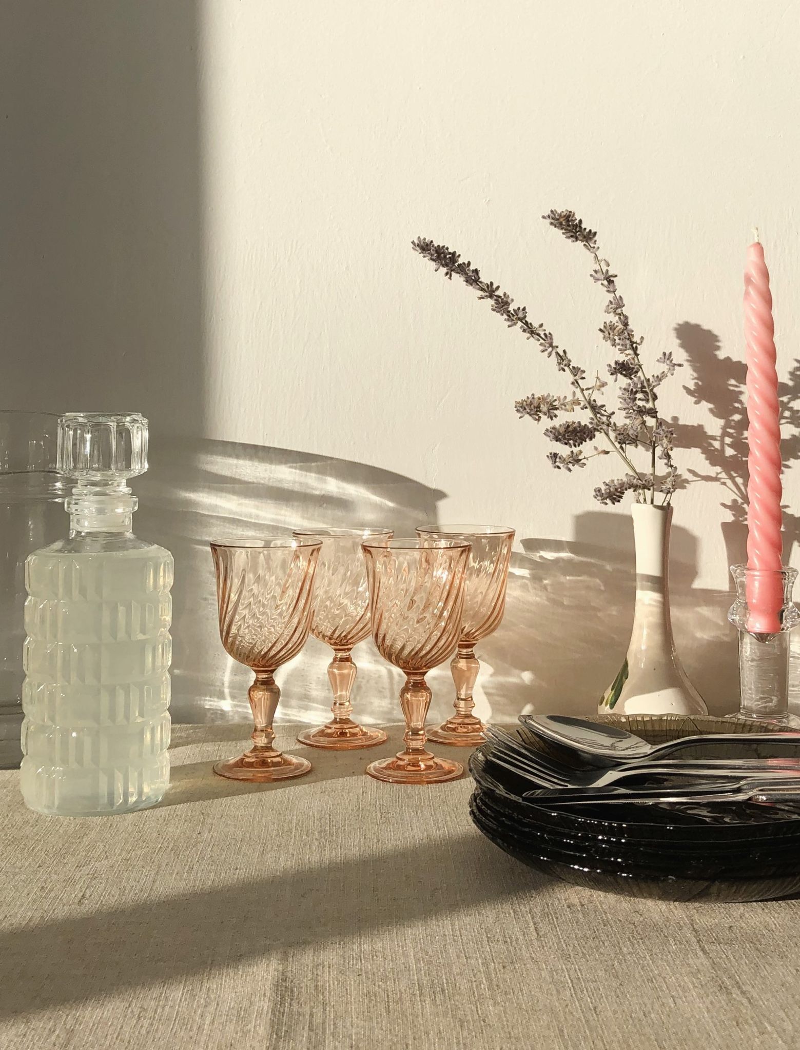4 glasses tourbillon Rosaline wine in pink glass, Luminarc French glassware, vintage retro table