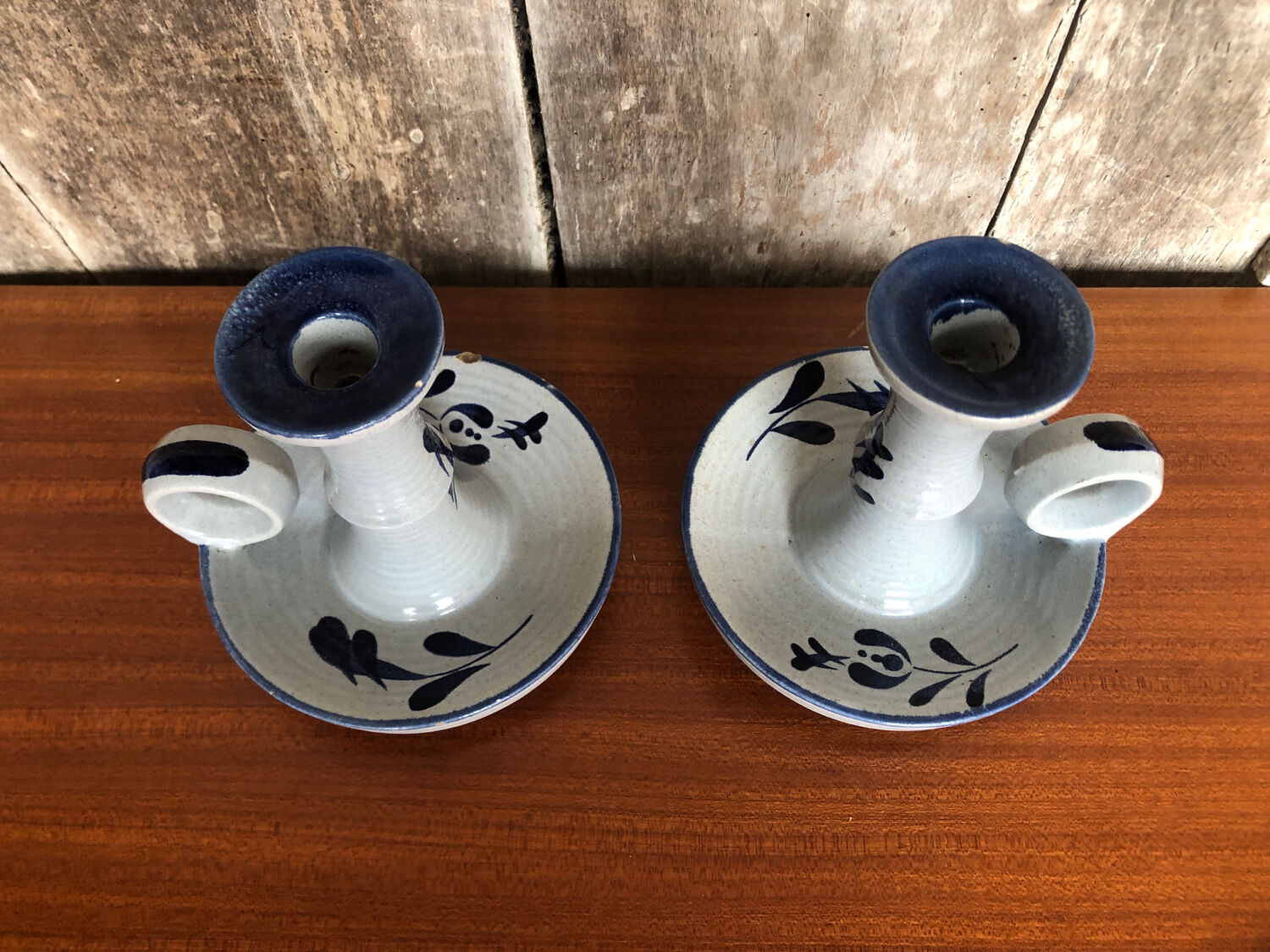Old pair of hand candlesticks st clément céramique bleue france #a266