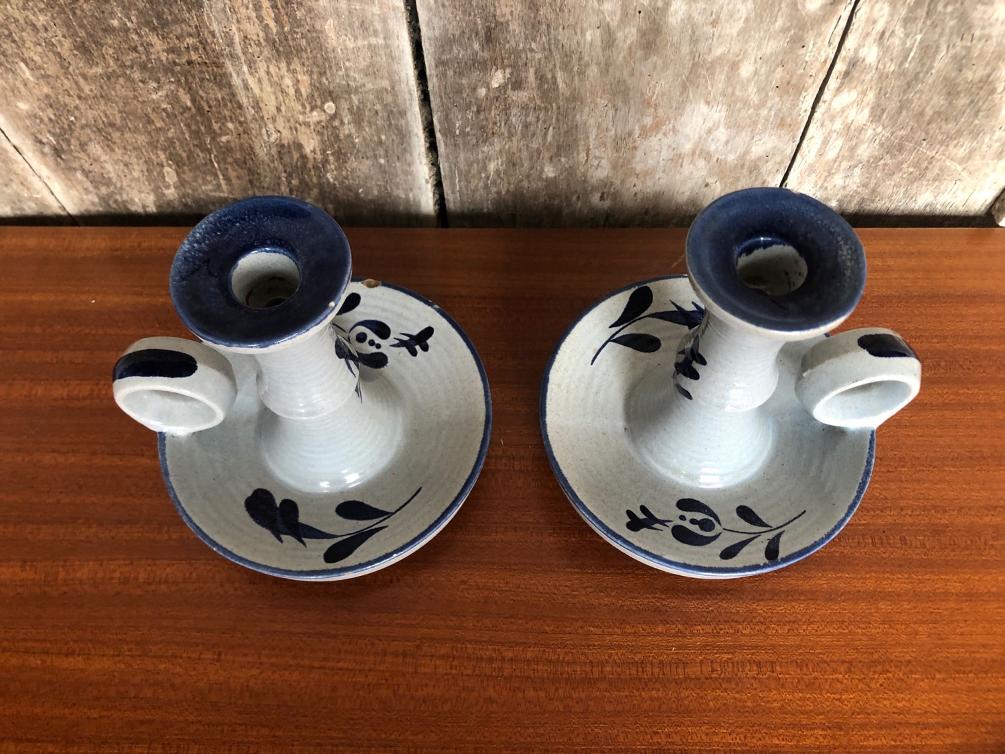 Old pair of hand candlesticks st clément céramique bleue france #a266