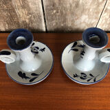 Old pair of hand candlesticks st clément céramique bleue france #a266