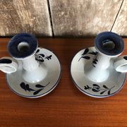 Old pair of hand candlesticks st clément céramique bleue france #a266