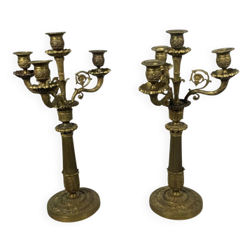 Pair of Bronze Candelabra in Restoration Style, 19th Century