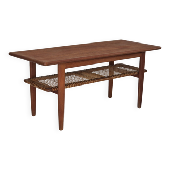 Table basse scandinave années 1970, état d'origine, bois de teck, rotin.