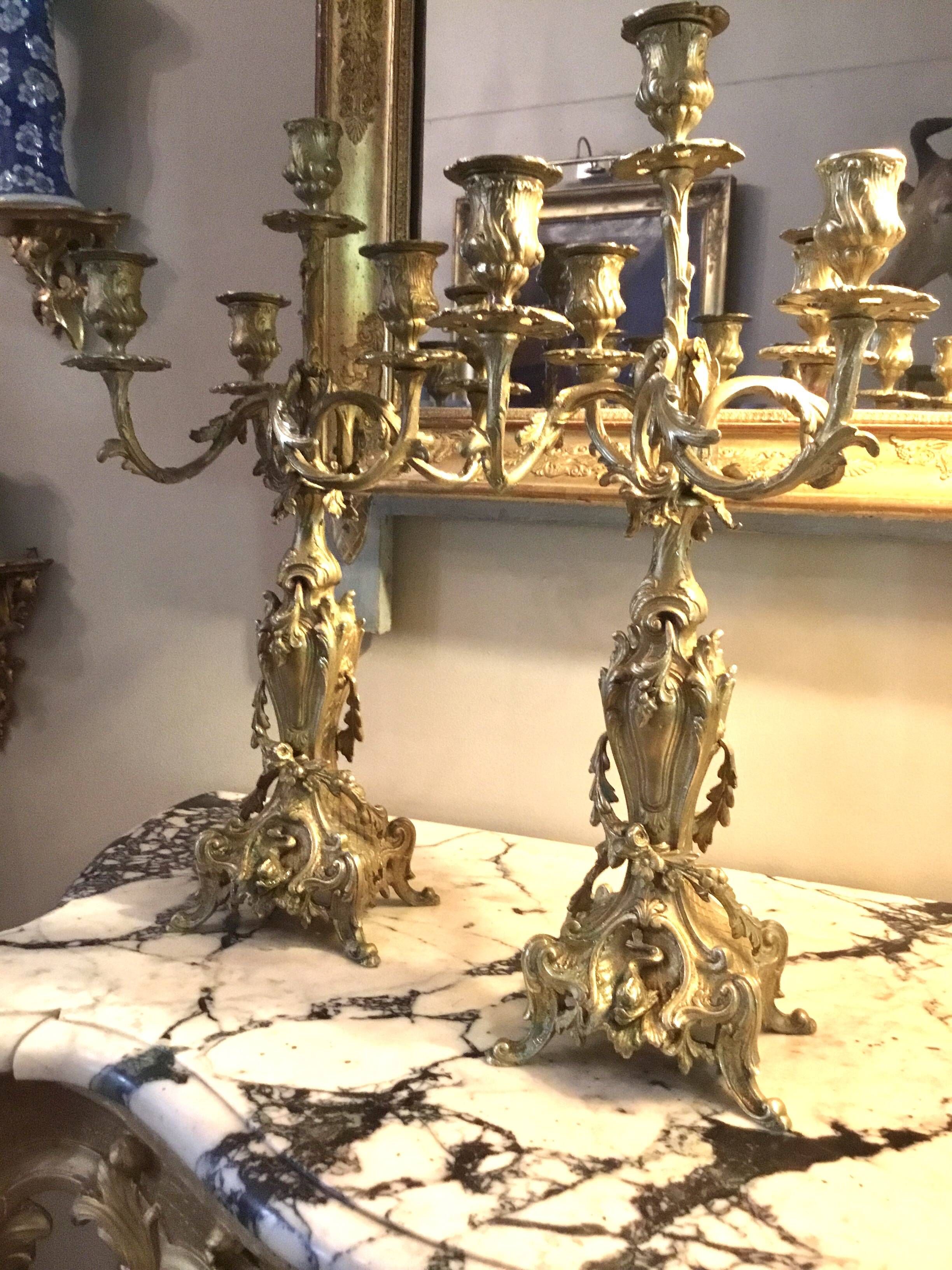 Pair of chiselled and gilded bronze candelabra from the 19th century.
