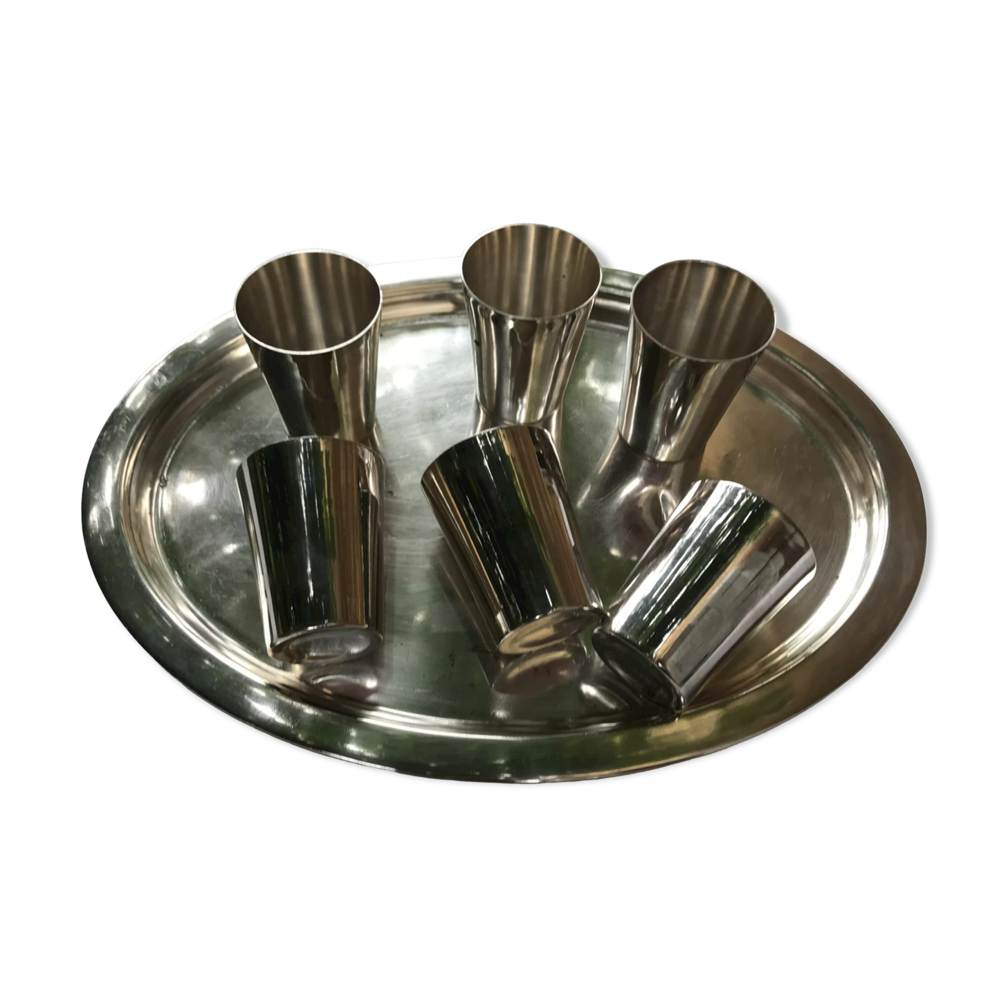 Silver Metal Liquor Service. tray and 6 cups