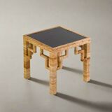 Greek Key Patterned Rattan Side Table with Black Laquered Top