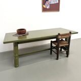 Glossy olive green lacquered dining table — DLG Georges Robert, Circa 1970