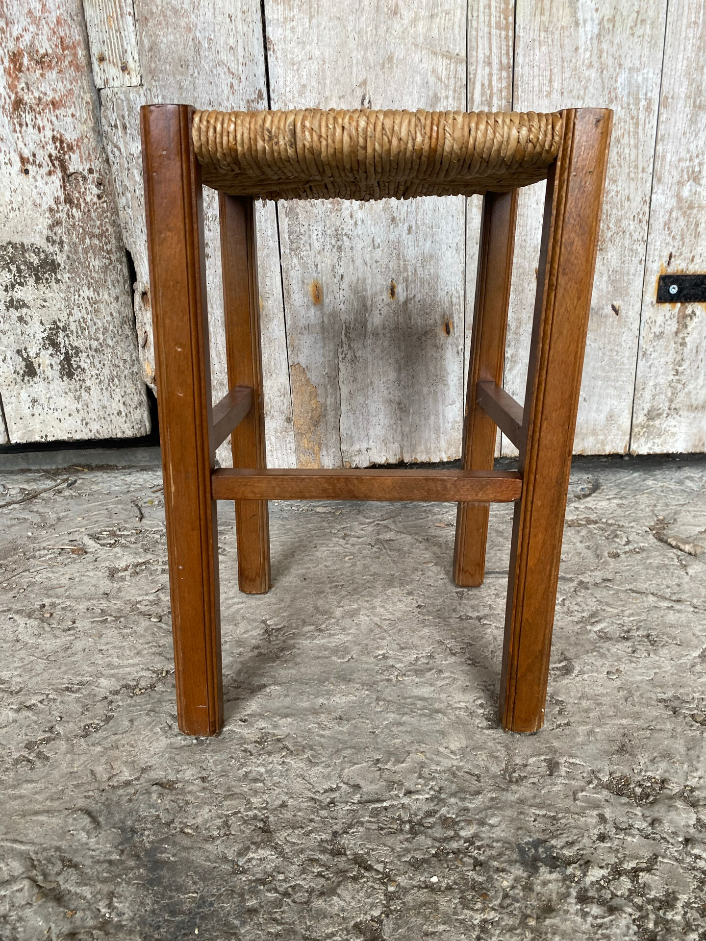 Antique Carved Wood Stool + Vintage Straw Seat #E099