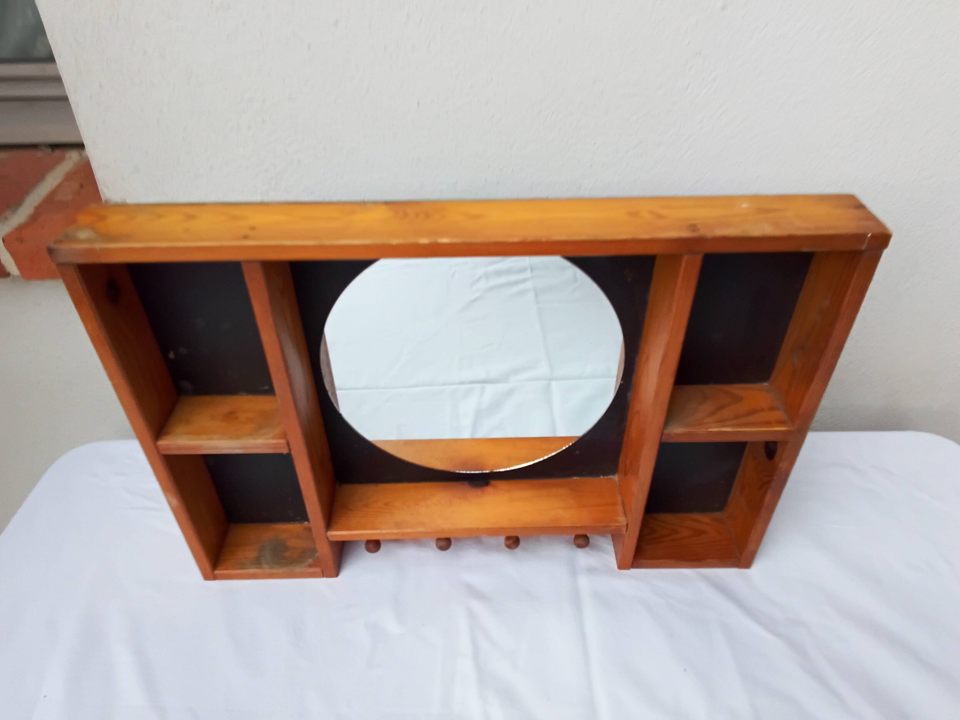Étagère bois miroir rond année 80