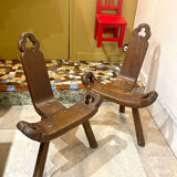 Set of 2 brutalist wooden tripod chairs – Spain 1970s