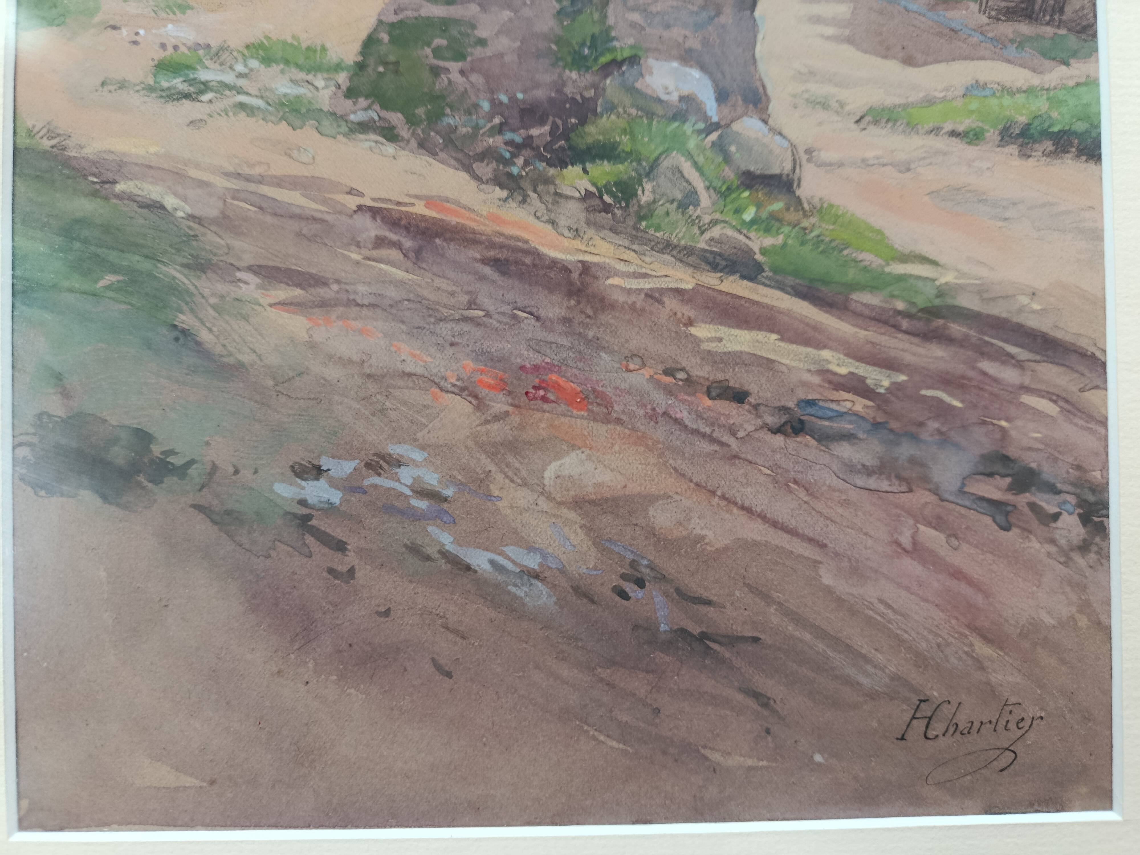 Watercolor by henri chartier: village streets around 1900, military painter