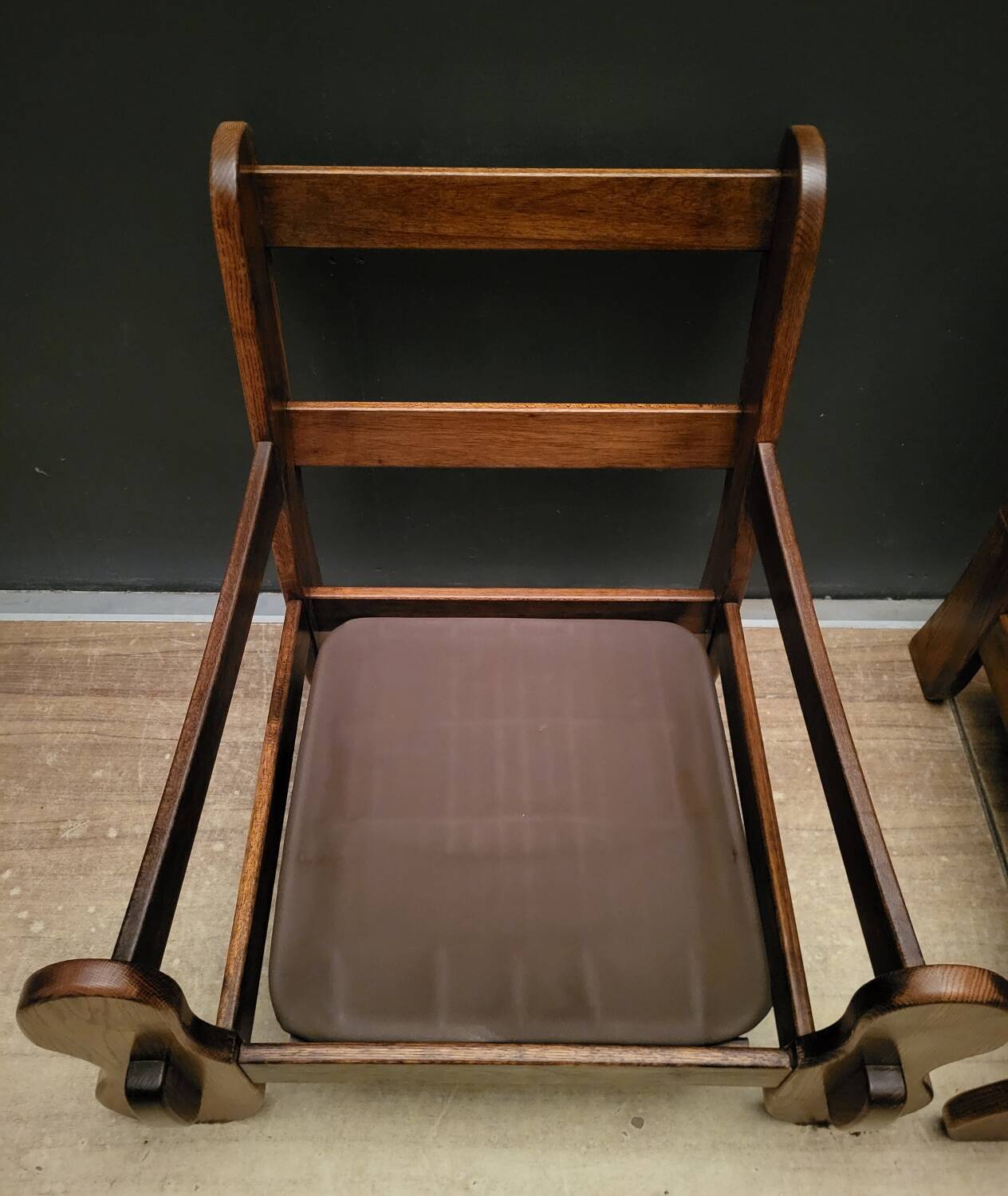 Pair of Vintage Brutalist armchairs from the 60s in leather and solid oak