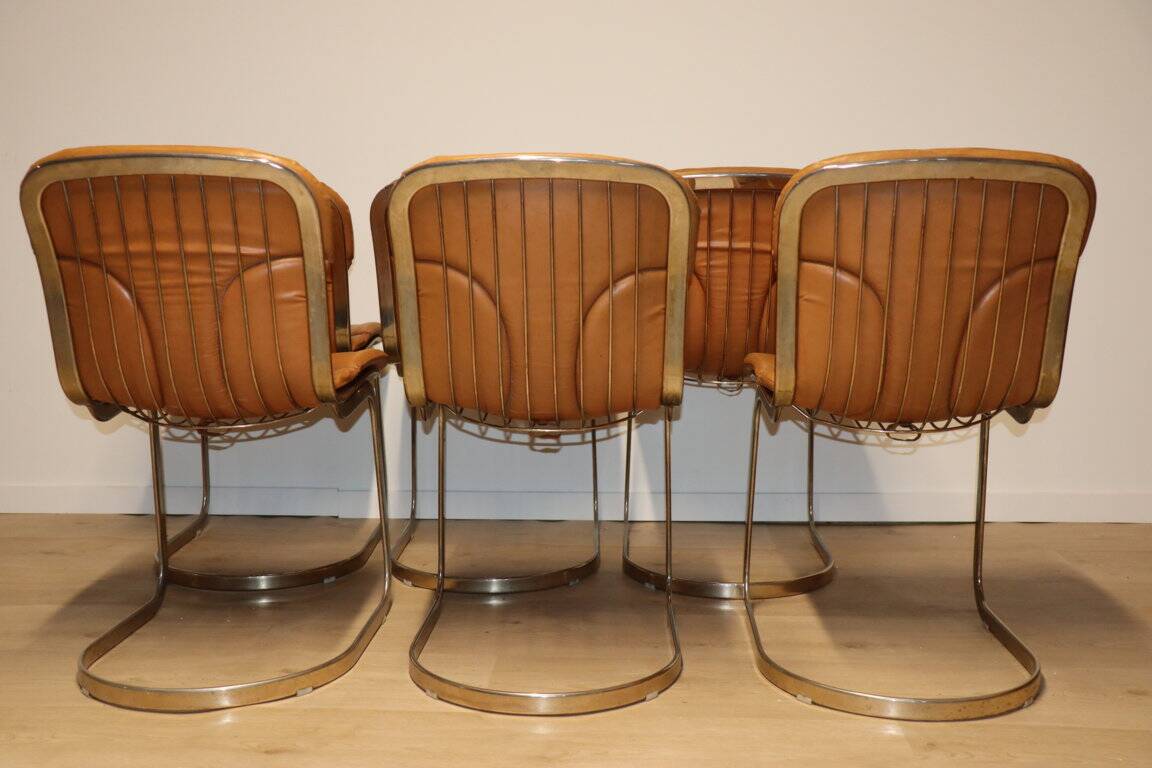 Series of 6 vintage Cidue Italy chairs in leather and metal, 1970s