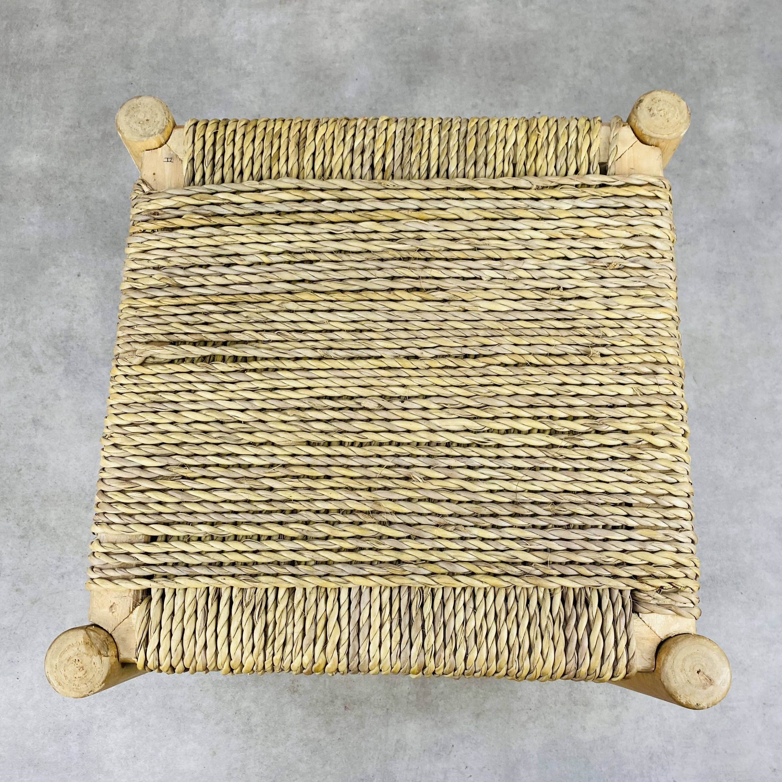 Stool woven straw raw wood