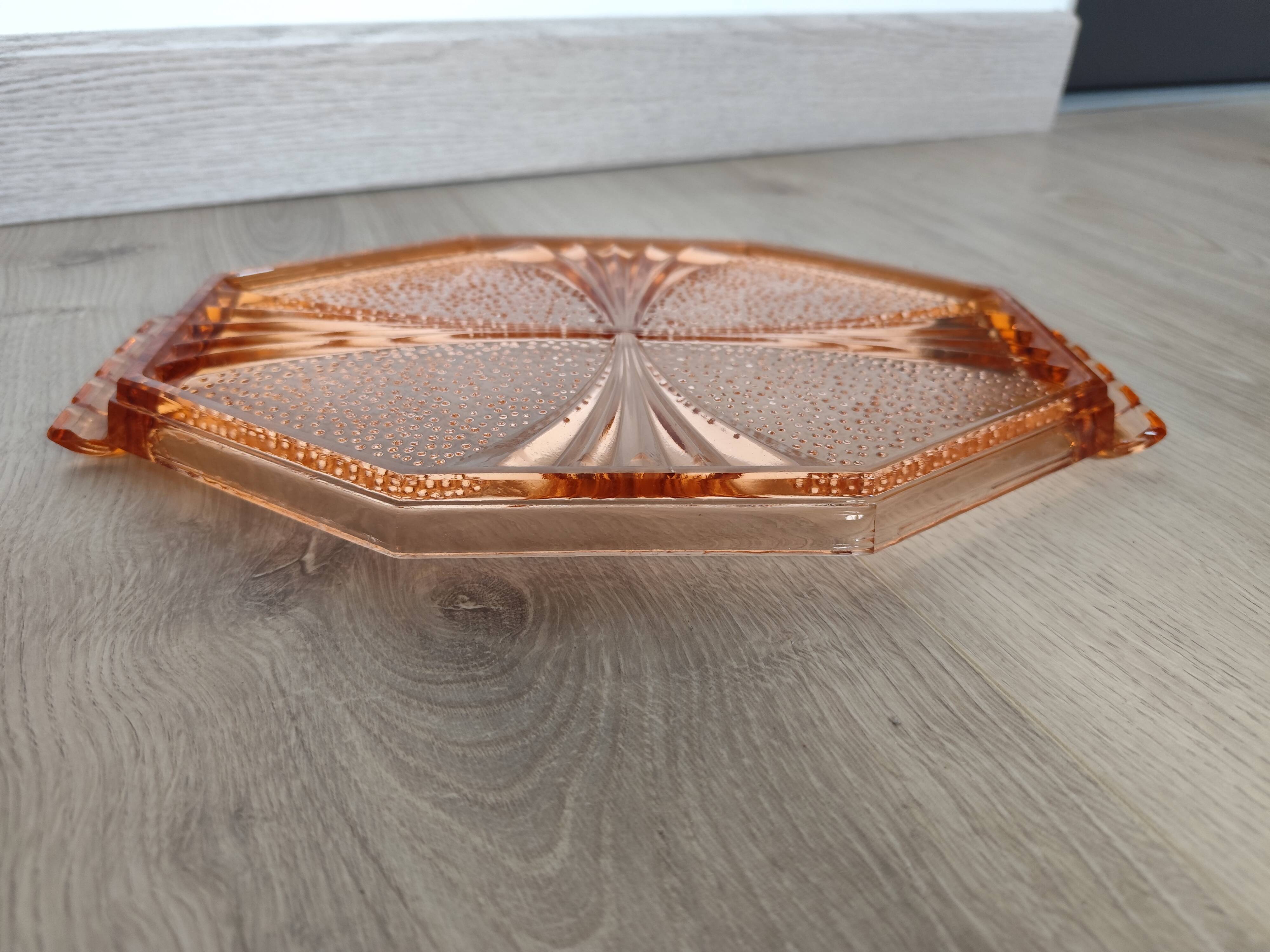Plateau octogonal Art Deco en verre rose antique