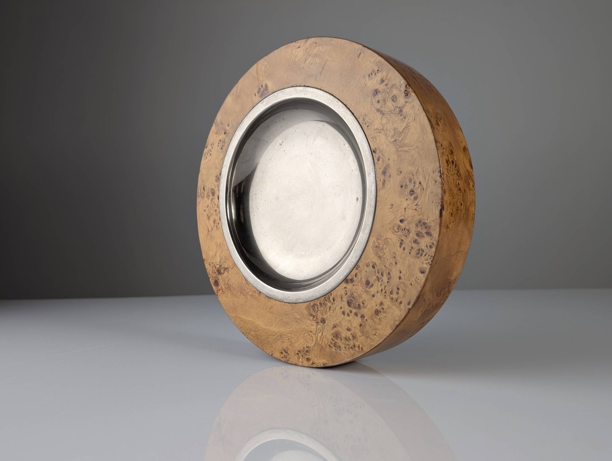 Italian Burl Wood & Steel Ashtray in the Style of Tomasso Barbi, 1970s