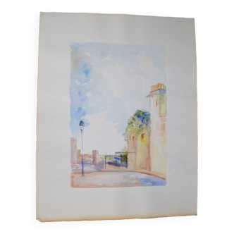 French School 20th Century - D Martine - View of a village street, Watercolor