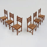Set of six brutalist dining chairs in oak an wicker