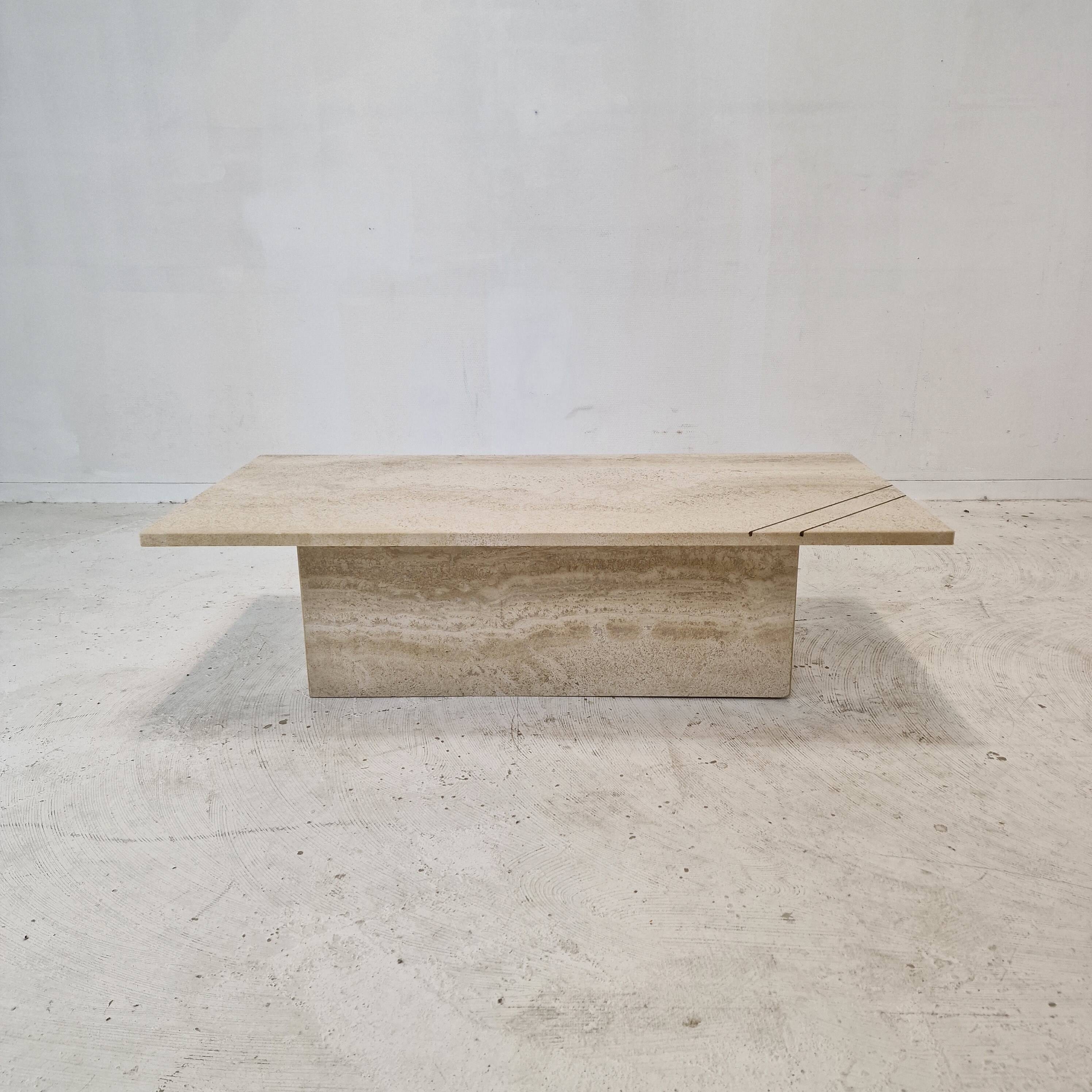 Rectangle Travertine Coffee or Side Table with Brass, Italy 1980s
