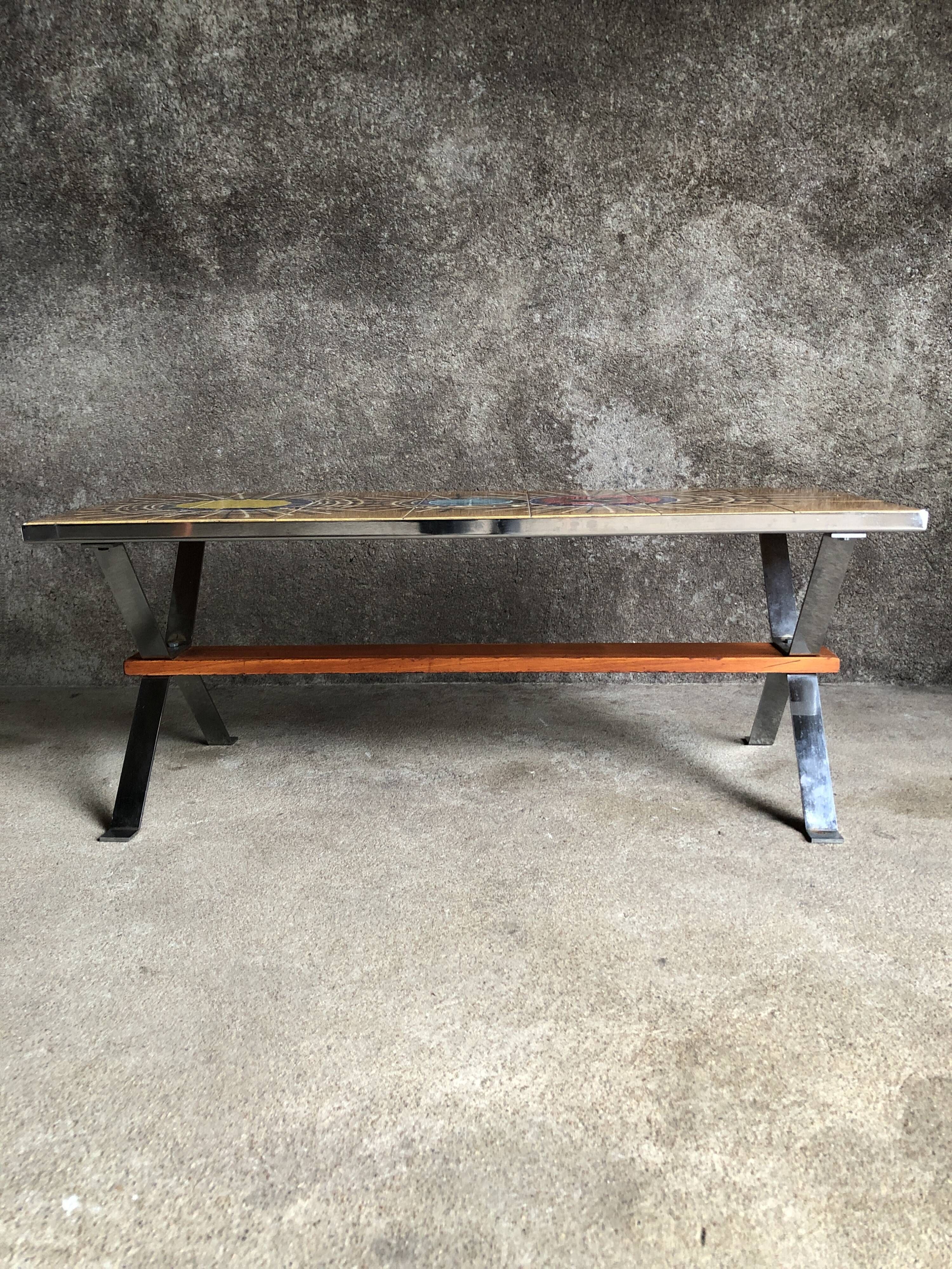 Ceramic coffee table and chrome and wood legs, Juliette Belarti, 1960