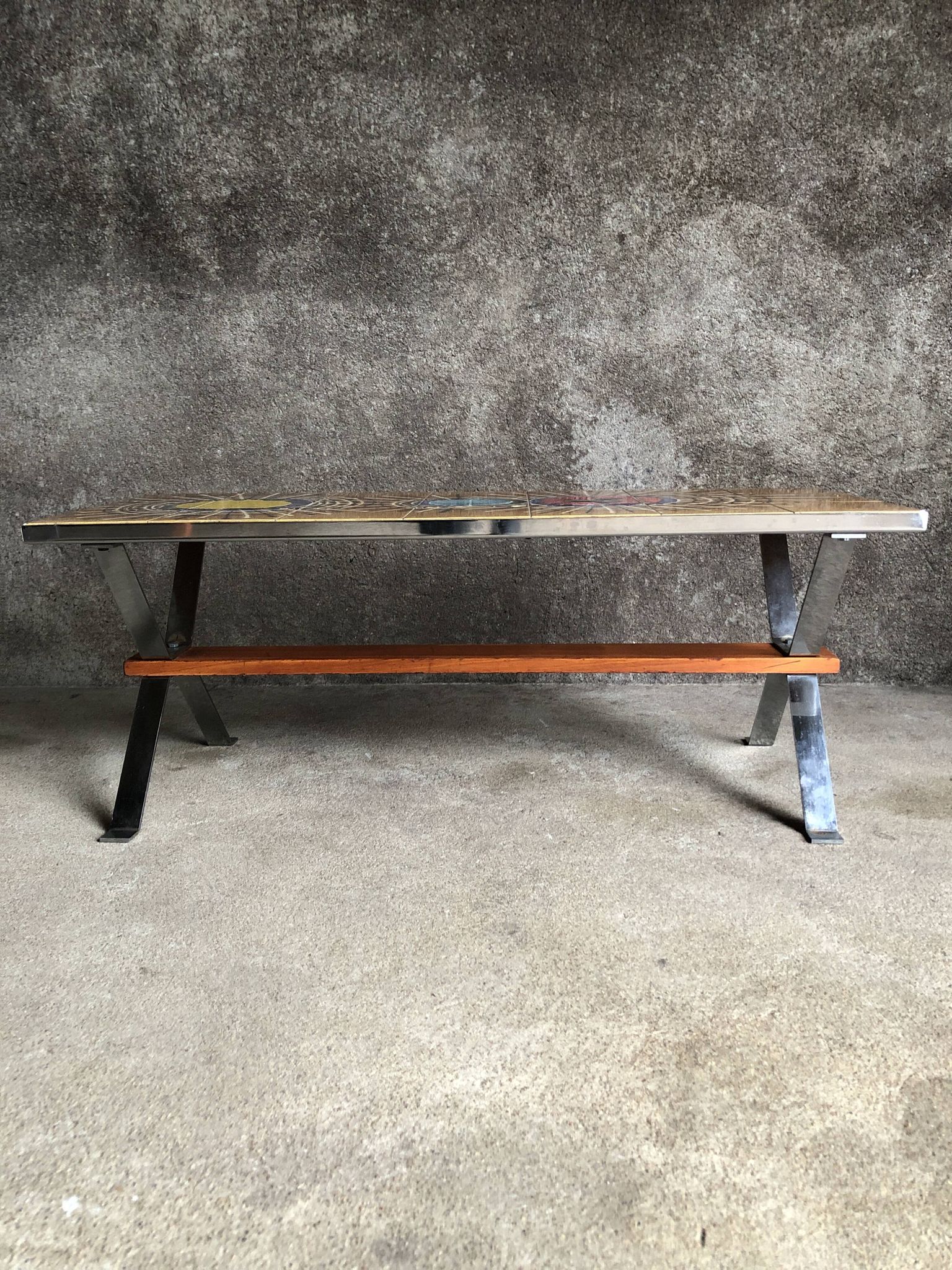 Ceramic coffee table and chrome and wood legs, Juliette Belarti, 1960