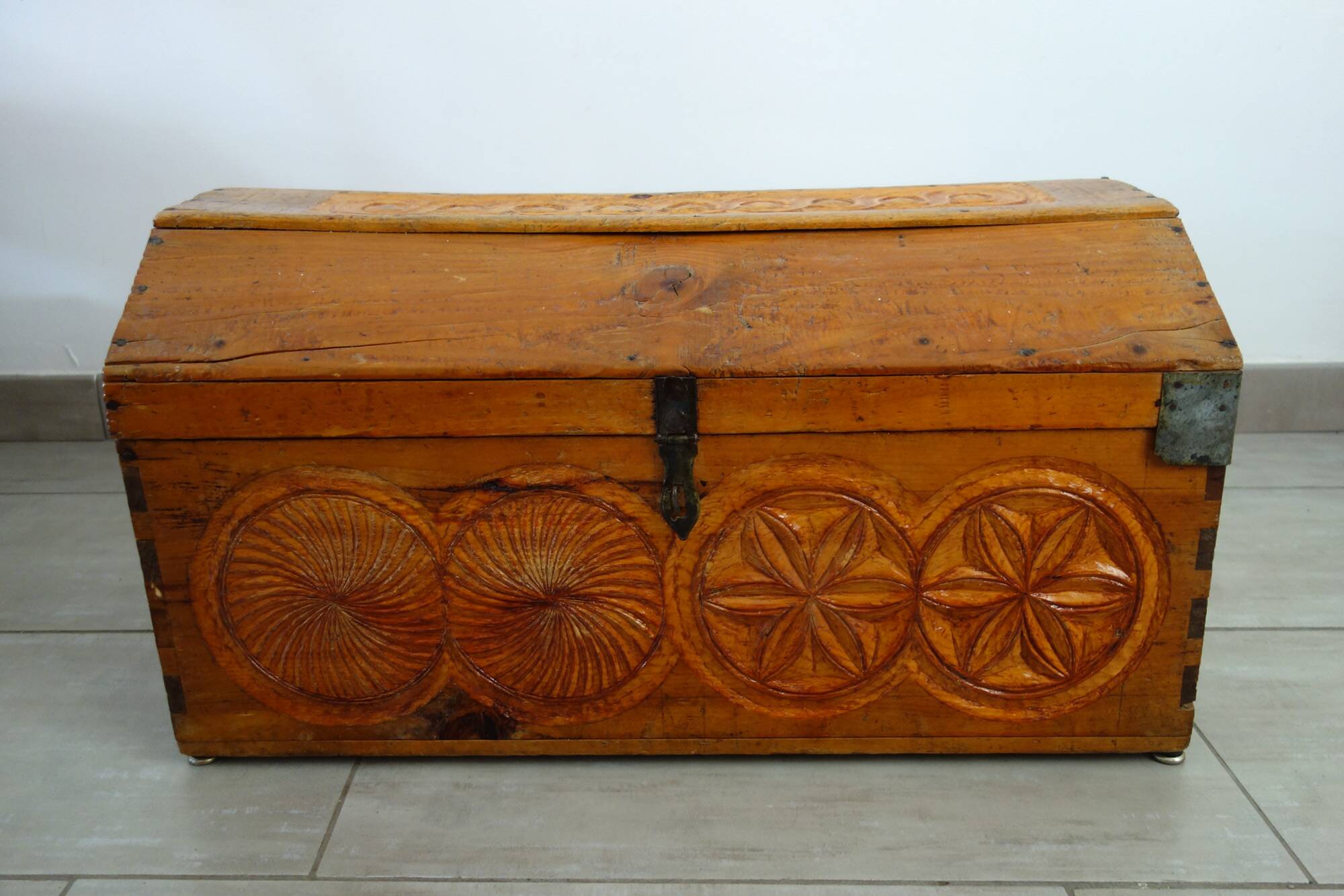 Old carved pine chest, Hautes Alpes folk art