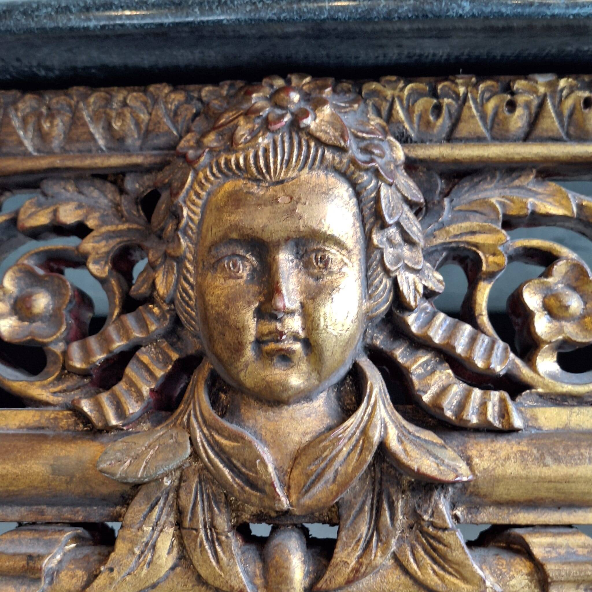 French baroque half-moon wall console with marble and six legs.