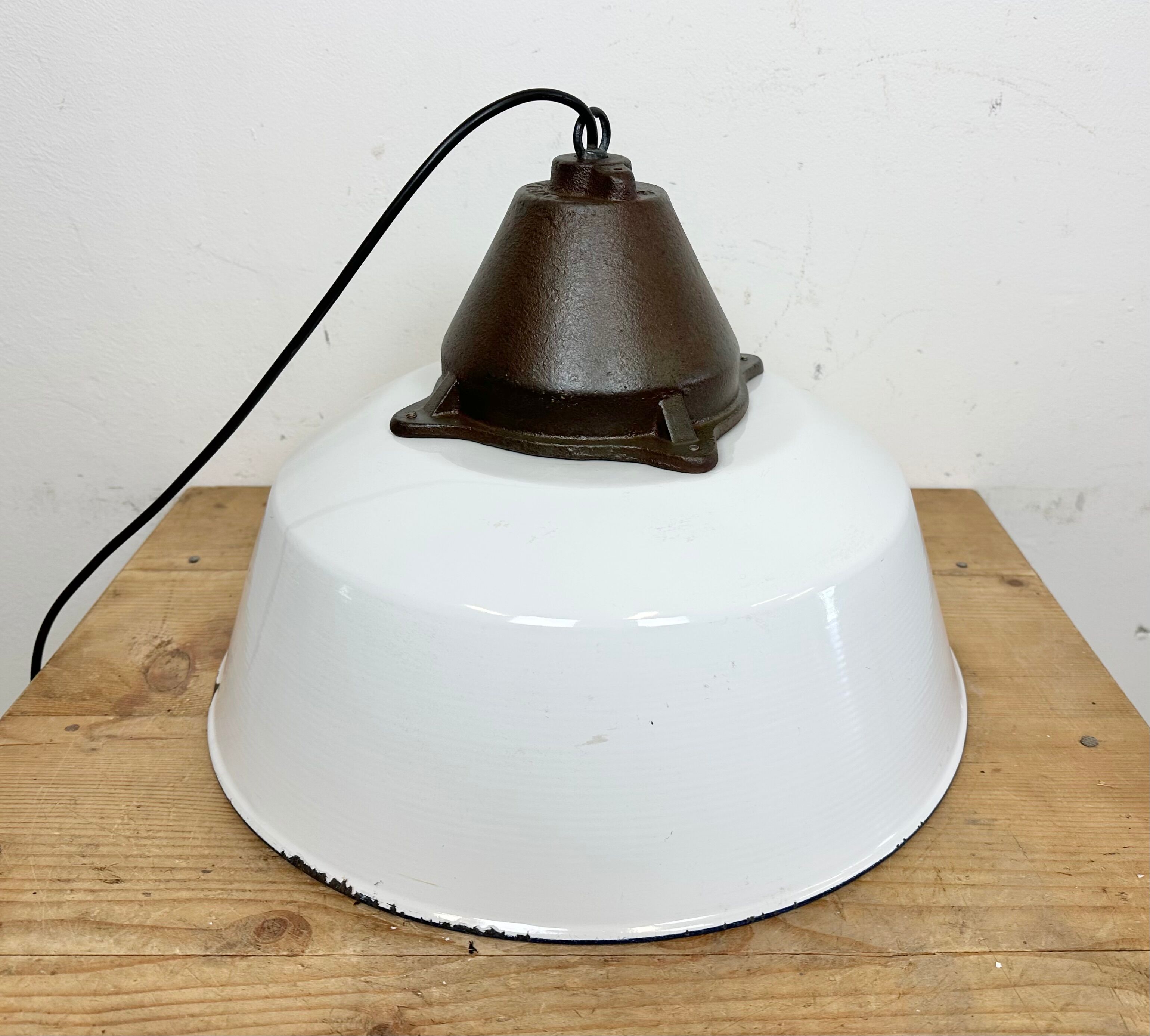 Industrial White Enamel and Cast Iron Pendant Light, 1960s