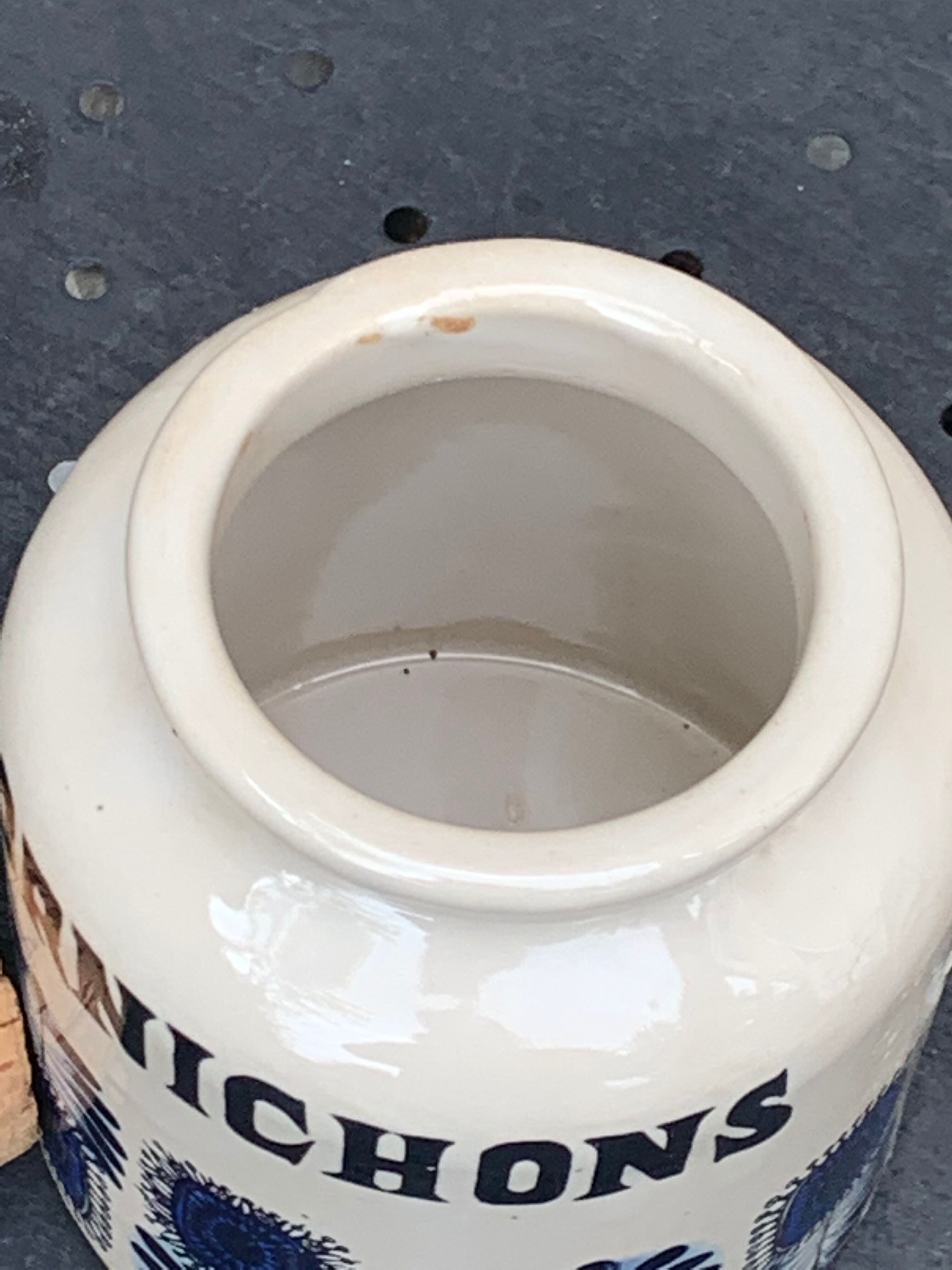 Grey sandstone pot with blue patterns and vintage liege cork 1970