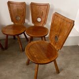 Set of 5 vintage 70s Brutalist design solid wood chairs