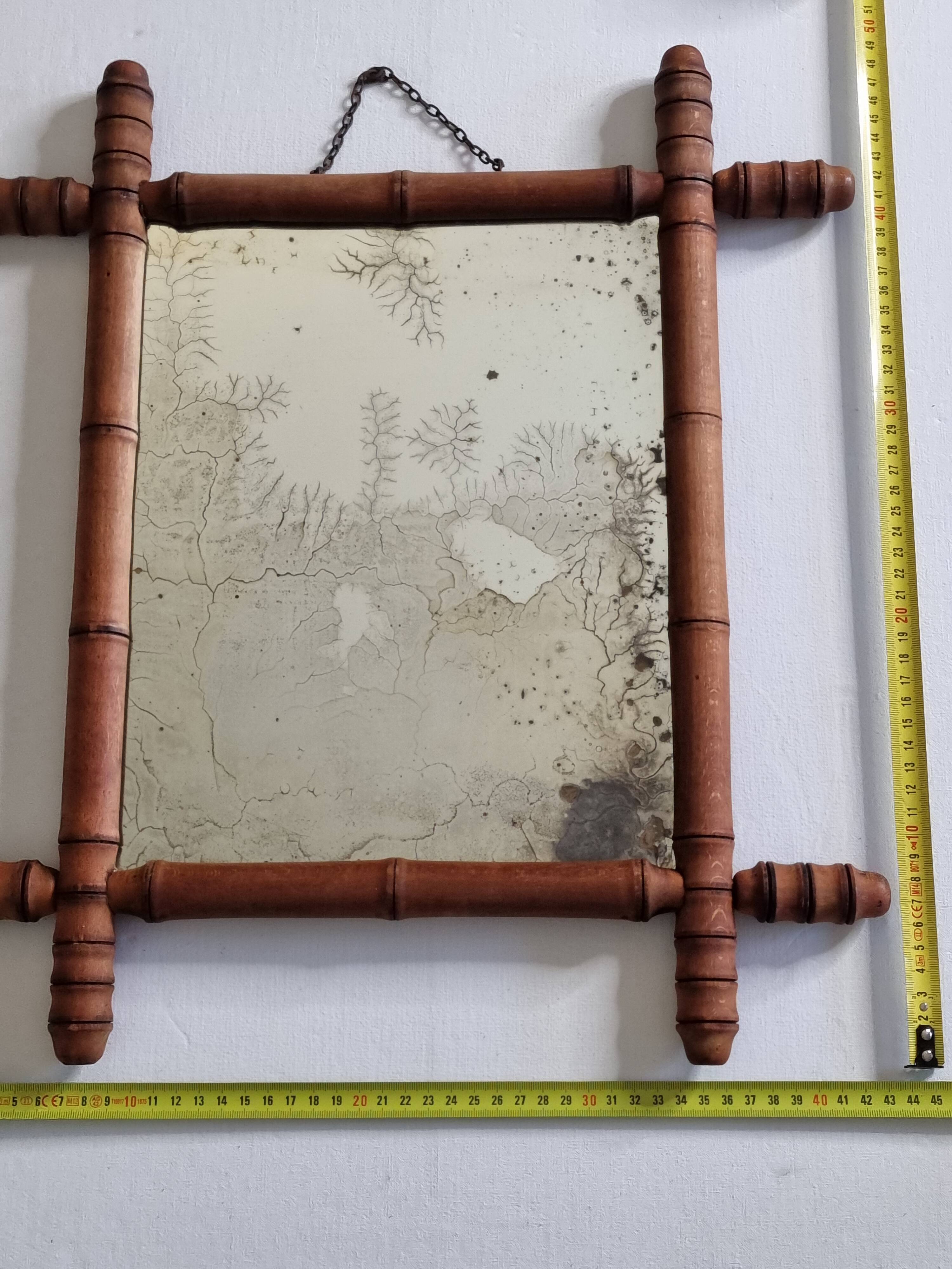 Antique mirror in turned wood imitating bamboo, 43 x 49 cm
