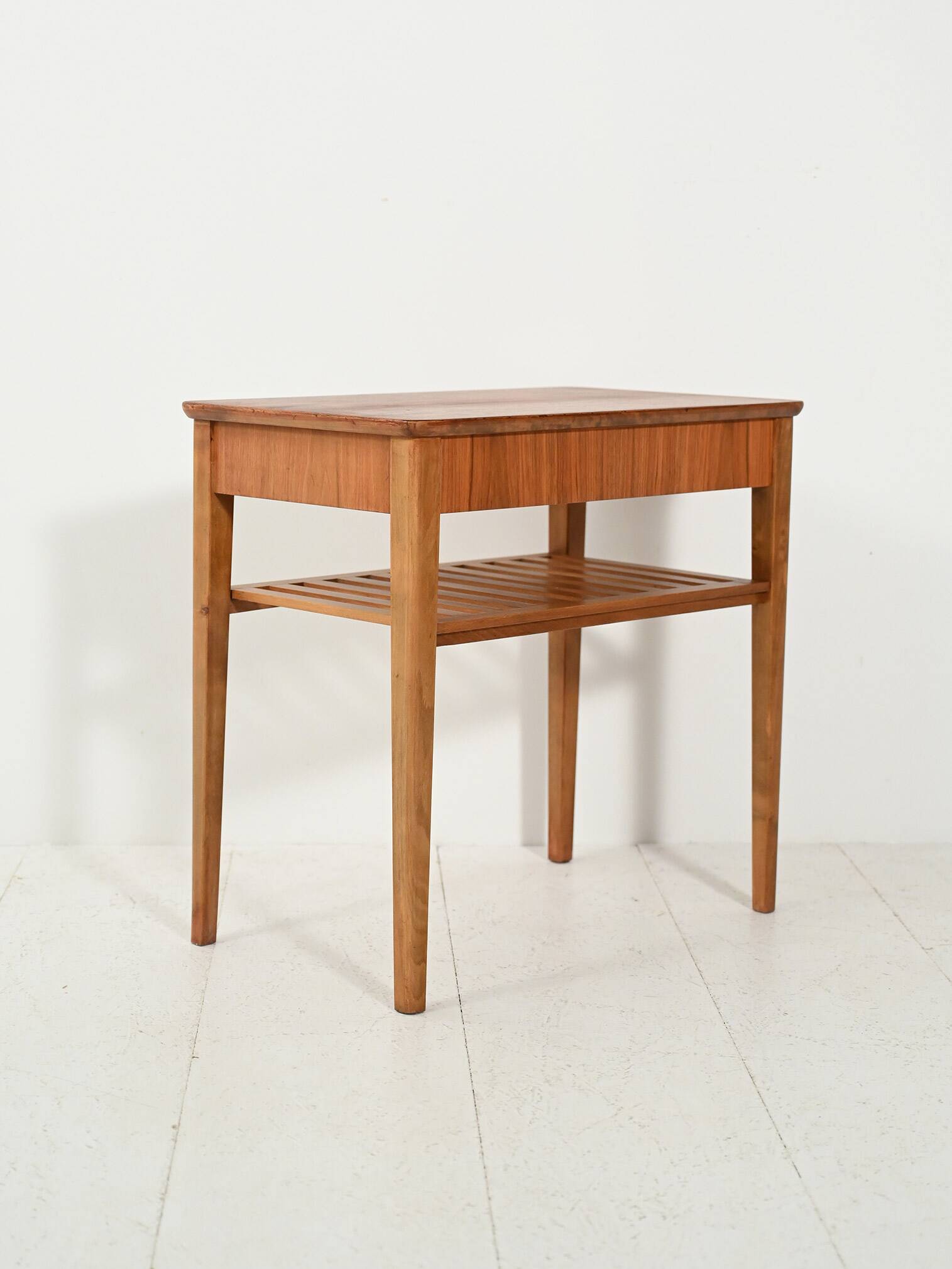Scandinavian bedside table with slatted shelf